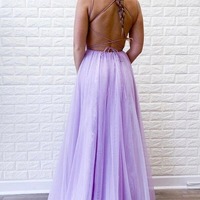 A-line Backless Tulle Lace Prom Dresses With Slit, Evening Dresses, PD230259 - Thumbnail 1