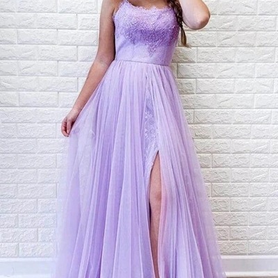 A-line backless tulle lace prom dresses with slit, evening dresses, pd230259 - Thumbnail 4