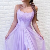 A-line Backless Tulle Lace Prom Dresses With Slit, Evening Dresses, PD230259 - Thumbnail 2