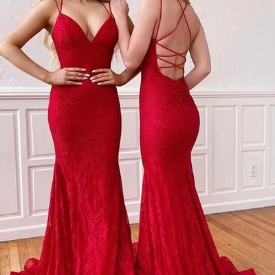 Elegant mermaid v-neck spaghetti straps lace cross back evening prom dresses, pd230262 - Thumbnail 4