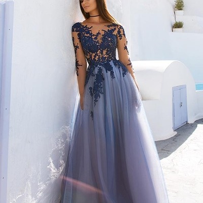 Lace open back see through long sleeve evening dress, pd230263 - Thumbnail 5