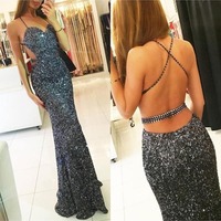 Mermaid Open Back Spaghetti Strap Sequins Long Prom Dresses, PD230264 - Thumbnail 1