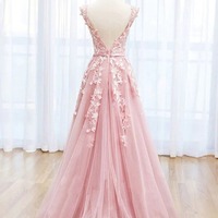 Tulle A-line Scoop Lace Long Formal Prom Dresses With Train, PD230268 - Thumbnail 1