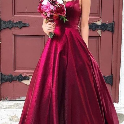 A-line taffeta scoop spaghetti straps long prom dresses with pockets, pd230270 - Thumbnail 5
