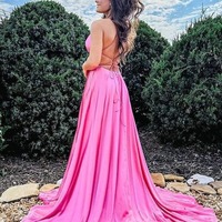 A-line Satin Scoop Long Prom Dresses, Evening Dress With Slit, PD230272 - Thumbnail 1