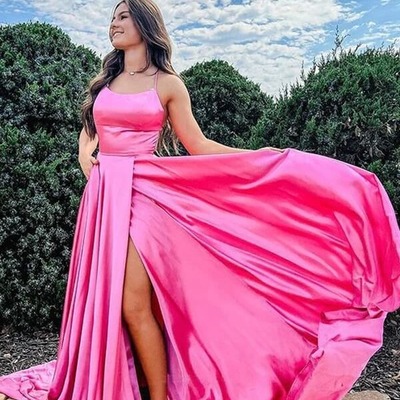 A-line satin scoop long prom dresses, evening dress with slit, pd230272 - Thumbnail 2