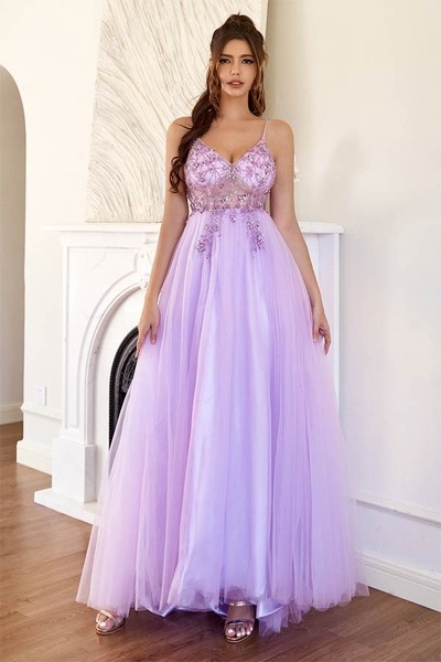 Tulle A-line Long Formal Prom Dresses With Beading, PD230274