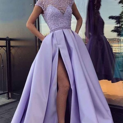 A-line satin beaded long prom dresses, evening dresses with slit, pd230275 - Thumbnail 5