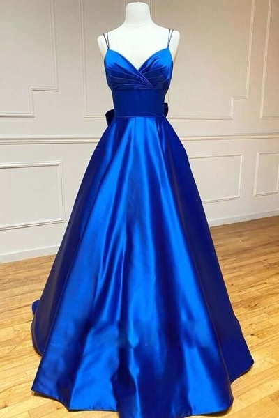 A-line Satin Spaghetti Straps Long Prom Dresses With Bowknot, PD230276