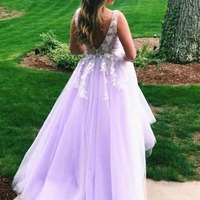 A-line V-neck Tulle Lace Open Back Prom Dresses, Long Formal Dress, PD230279 - Thumbnail 1