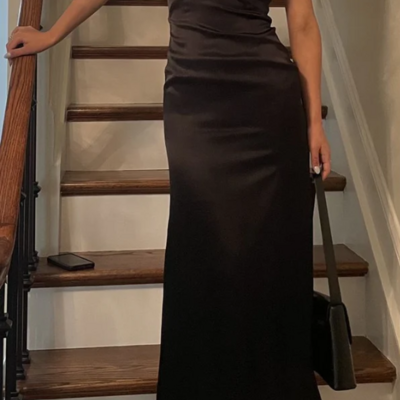 Simple black v neck satin long prom gowns - Thumbnail 2