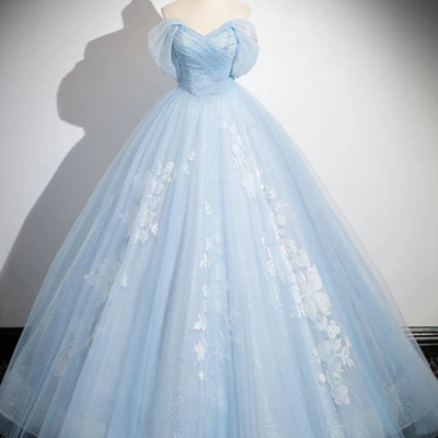 Off shoulder blue a-line tulle lace prom dresses - Thumbnail 1