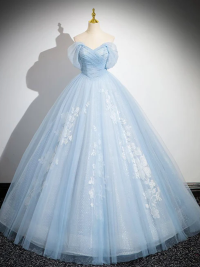 Off Shoulder Blue A-Line Tulle Lace Prom Dresses