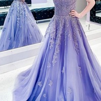 A-line Tulle Halter Lace Appliqued Prom Dresses, Evening Dress, PD230281 - Thumbnail 1