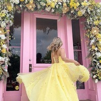 Tulle Satin Ball Gown Spaghetti Straps 3D Flowers Prom Dresses, PD230282 - Thumbnail 1