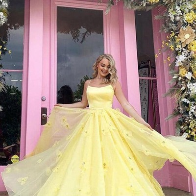 Tulle satin ball gown spaghetti straps 3d flowers prom dresses, pd230282 - Thumbnail 3