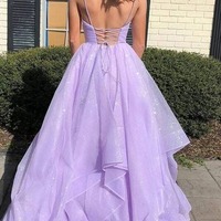 A-line Tulle V-neck Lace Up Long Prom Dresses, Evening Gown, PD230286 - Thumbnail 2
