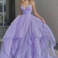 A-line Tulle V-neck Lace Up Long Prom Dresses, Evening Gown, PD230286 - Thumbnail 1