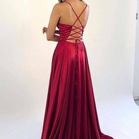 A-line Simple Satin V-neck Prom Dresses, Evening Gowns With Side Split, PD230287 - Thumbnail 1