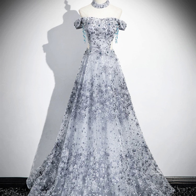 Gray tulle sequins floor length prom party dress - Thumbnail 1