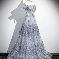 Gray Tulle Sequins Floor Length Prom Party Dress - Thumbnail 2