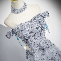 Gray Tulle Sequins Floor Length Prom Party Dress - Thumbnail 4