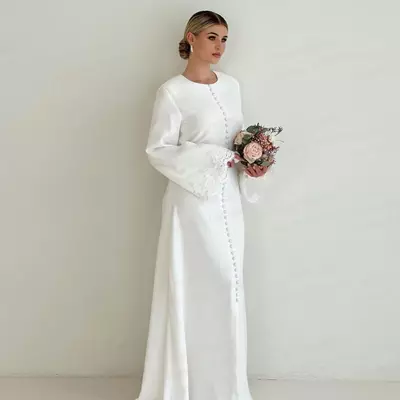 Simple muslim wedding dresses woman's mermaid appliques button formal long sleeve split bride gowns