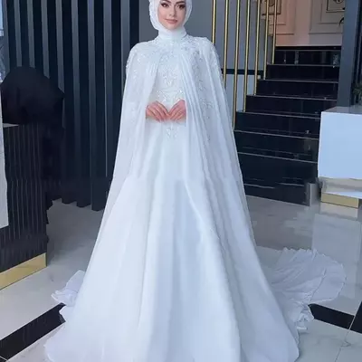 Elegant muslim wedding dresses with cape high neck long sleeves sweep train chiffon appliques beading - Thumbnail 1