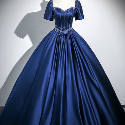 Blue satin floor length prom party dress - Thumbnail 2