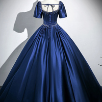 Blue Satin Floor Length Prom Party Dress - Thumbnail 1