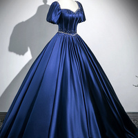 Blue Satin Floor Length Prom Party Dress - Thumbnail 2