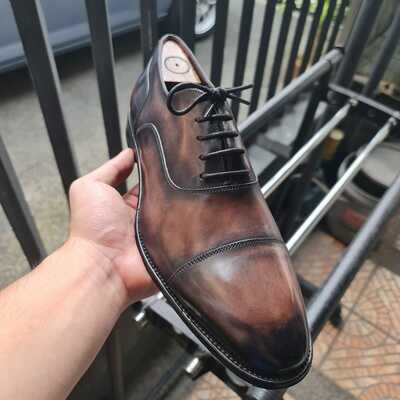 Luxury men's handmade two tone cap toe genuine leather lace up dress shoes - Thumbnail 2