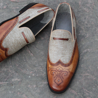 Crafted Leather Classic Men Brown / Tweed Leather Moccasin Loafers Wingtip Dress Shoes - Thumbnail 5