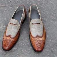 Crafted Leather Classic Men Brown / Tweed Leather Moccasin Loafers Wingtip Dress Shoes - Thumbnail 4