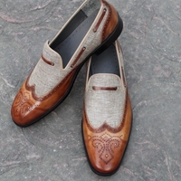 Crafted Leather Classic Men Brown / Tweed Leather Moccasin Loafers Wingtip Dress Shoes - Thumbnail 2