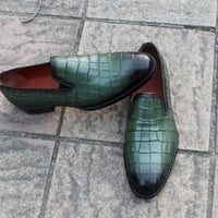  Crafted Leather Classic Handmade Men Green Crocodile/Alligator Loafers Dress Shoes - Thumbnail 4
