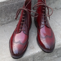 Crafted Leather Handcrafted Men Burgundy Leather Ankle High Wingtip Dress Lace up Boot - Thumbnail 2