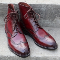 Crafted Leather Handcrafted Men Burgundy Leather Ankle High Wingtip Dress Lace up Boot - Thumbnail 4