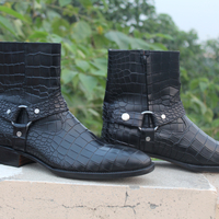 Crafted Leather Handmade Men's Black Crocodile High Ankle Jodhpurs Boot - Thumbnail 2