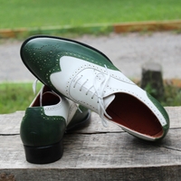 Crafted Leather Classic Green White Leather Wingtip Oxford Lace up Dress Shoes - Thumbnail 7