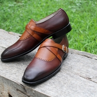 Crafted Leather Classic Tan Brown Leather Cross Buckle Monk Strap Dress Shoes - Thumbnail 1