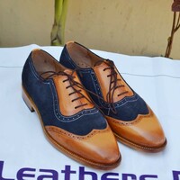 Crafted Leather Brown Blue Suede Leather Handmade Wingtip Oxford Dress Shoes - Thumbnail 1