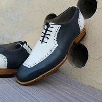 Crafted Leather Superior Two Tone White Blue Leather Apron Toe Men's Oxford Lace Up Dress Shoes - Thumbnail 6