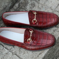 Crafted Leather Burgundy Color Crocodile Texture Horse bit Loafers Dress Shoes - Thumbnail 3