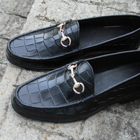 Crafted Leather Black Crocodile Texture Leather Horsebit Moccasin Loafer Dress Shoes - Thumbnail 1