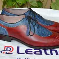 Crafted Leather Bespoke Handmade Classic Blue Patina and Red Calf Unique Oxford Style Lace up Dress Wedding Shoes - Thumbnail 3