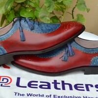 Crafted Leather Bespoke Handmade Classic Blue Patina and Red Calf Unique Oxford Style Lace up Dress Wedding Shoes - Thumbnail 4