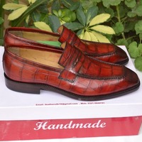 Crafted Leather Handmade Brown Crocodile Texture Leather Loafers Alligator Dress Shoes - Thumbnail 1