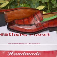 Crafted Leather Handmade Brown Crocodile Texture Leather Loafers Alligator Dress Shoes - Thumbnail 2