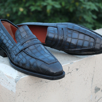 Crafted Leather Handmade Blue Crocodile Loafer Slip On Stylish Dress Shoes - Thumbnail 1